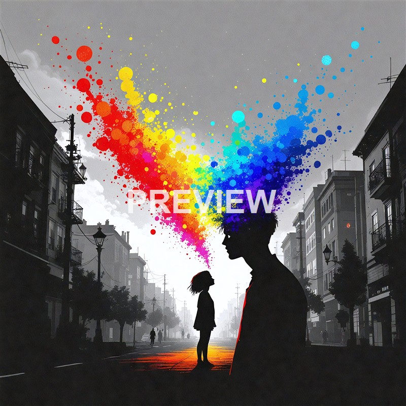 A silhouette of a man with colorful paint splashes emanating from his head, and a girl standing in the background on an urban street, with a grey sky overhead.